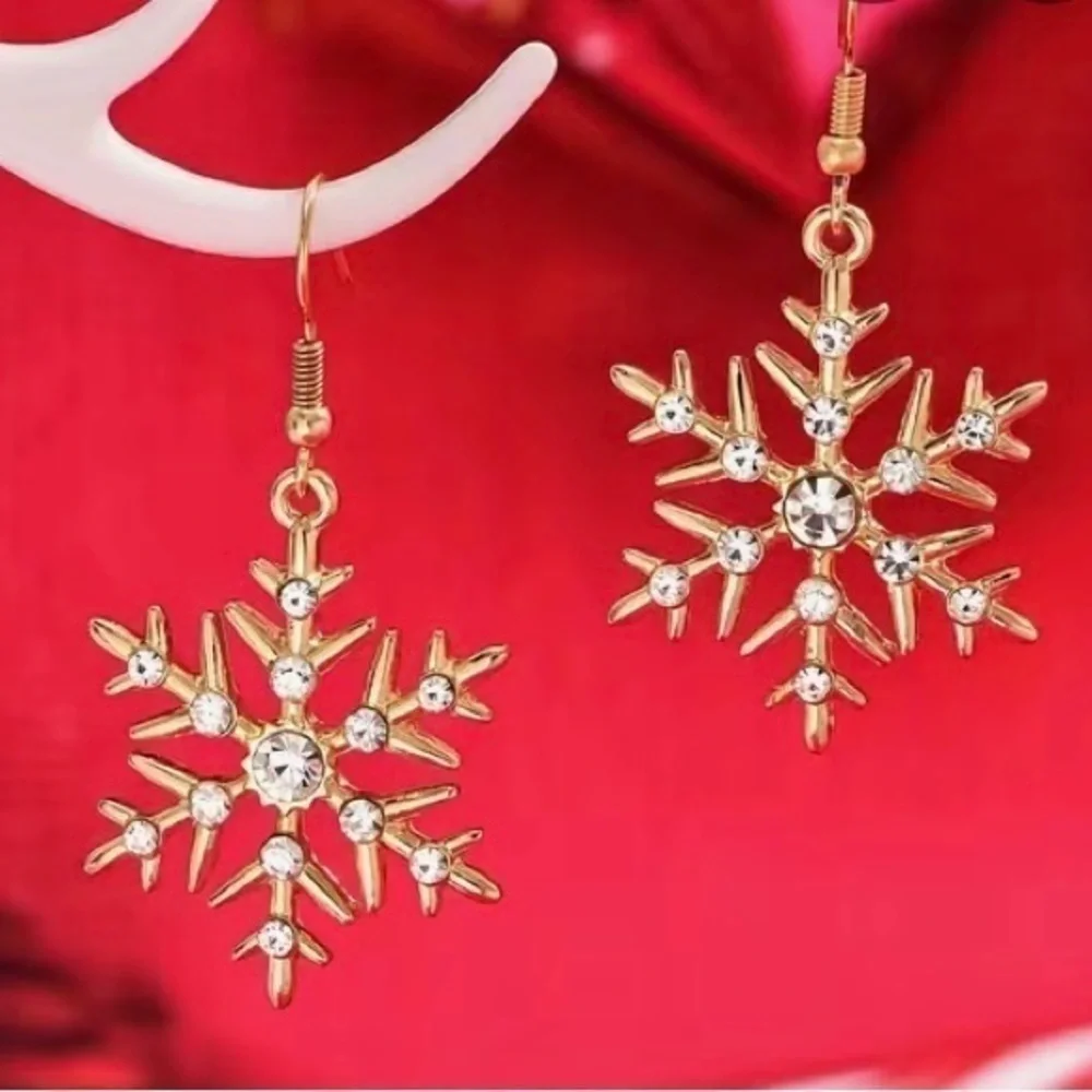 18k Gold Plated Snowflake Rhinestone Dangle Earrings